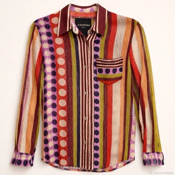 Supreme Tops - Le Superbe Mixed Print Striped Polka Dot Viscose Button Down Blouse